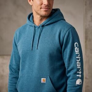 Carhartt Men's Logo Hoodie Sleeve Graphic Pullover Blue Original Fit Medium